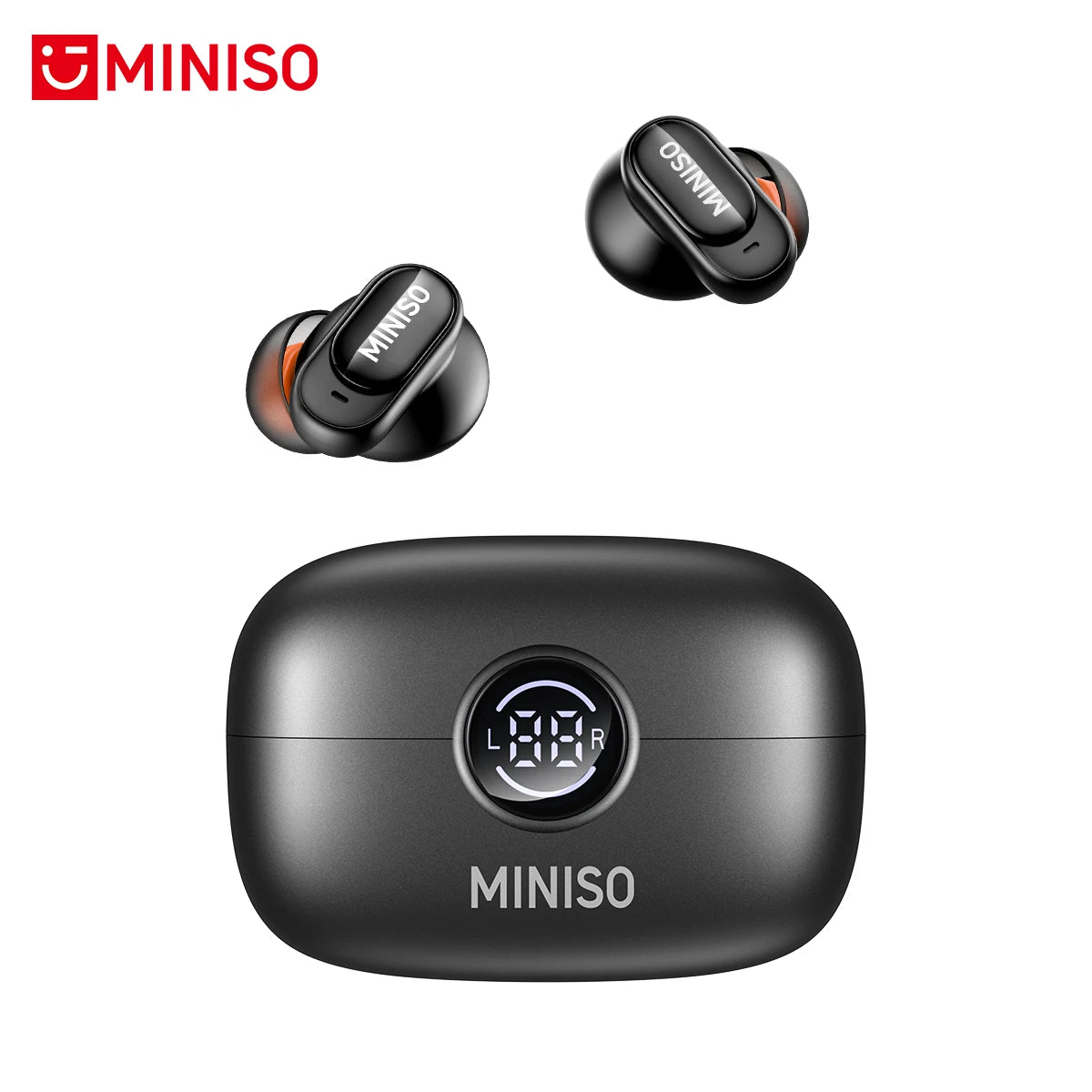 Black wireless earbuds with orange accents and a charging case featuring a digital battery display.