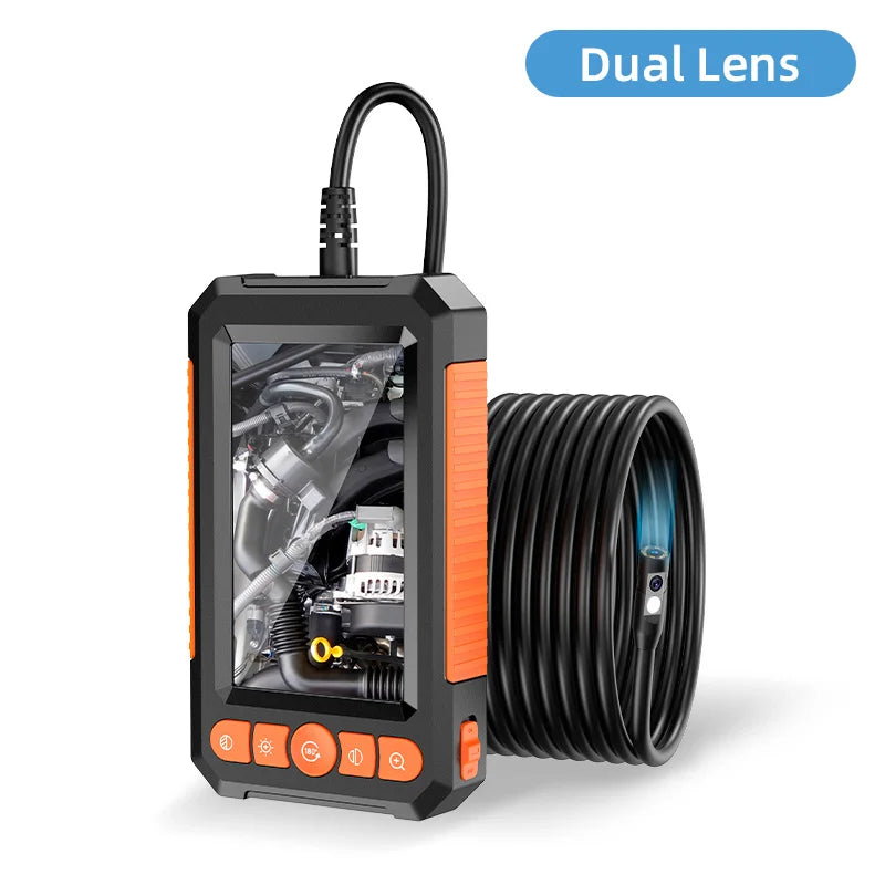 Black and orange 1080P industrial borescope with a dual-lens camera probe and integrated display screen.