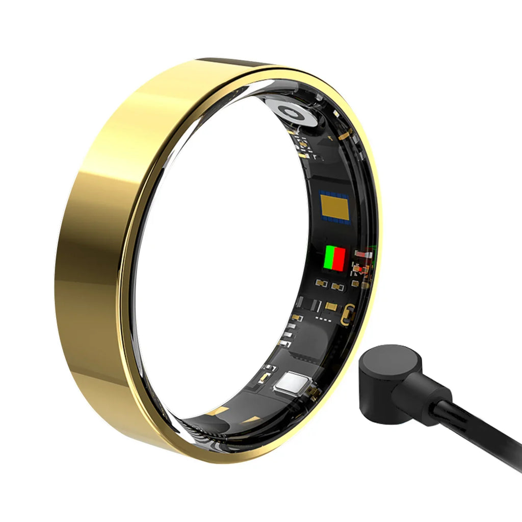Gold smart fitness ring showing inner electronic sensors and a magnetic charging cable.