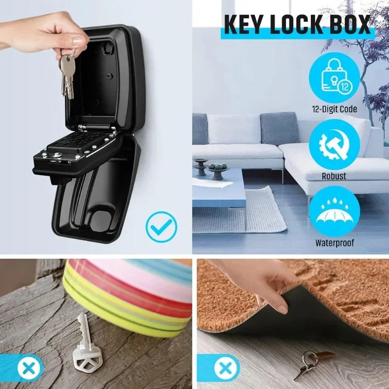Black metal wall-mounted key lock box with a 12-digit combination keypad, featuring a waterproof, robust design.
