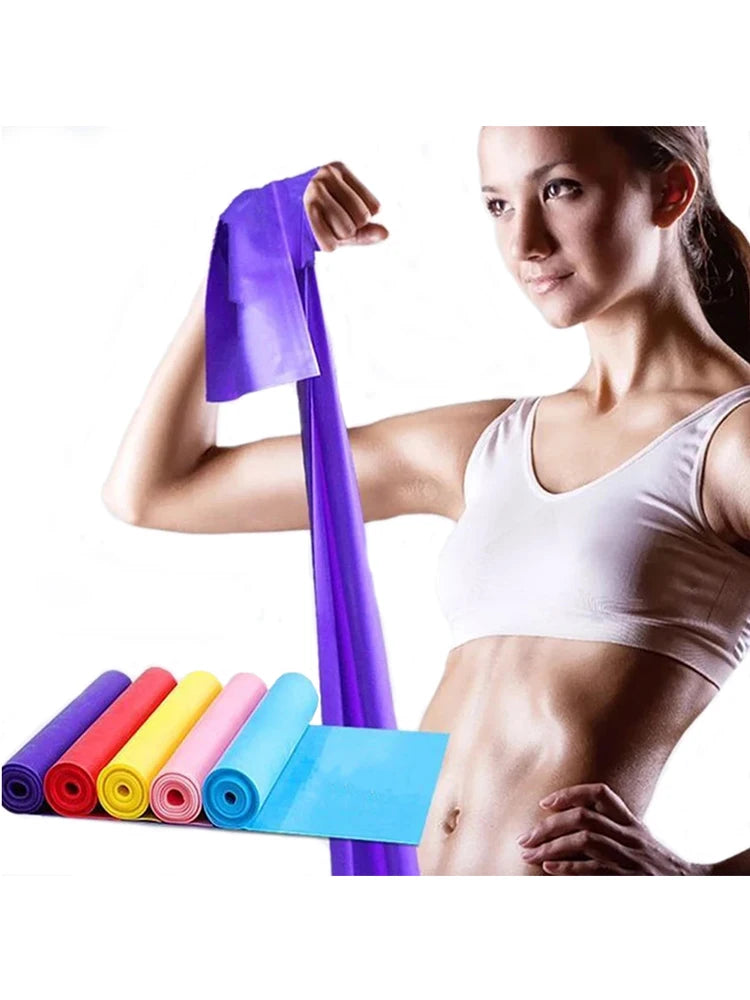 Woman exercising with a long purple resistance band next to a row of colourful rolled exercise bands.