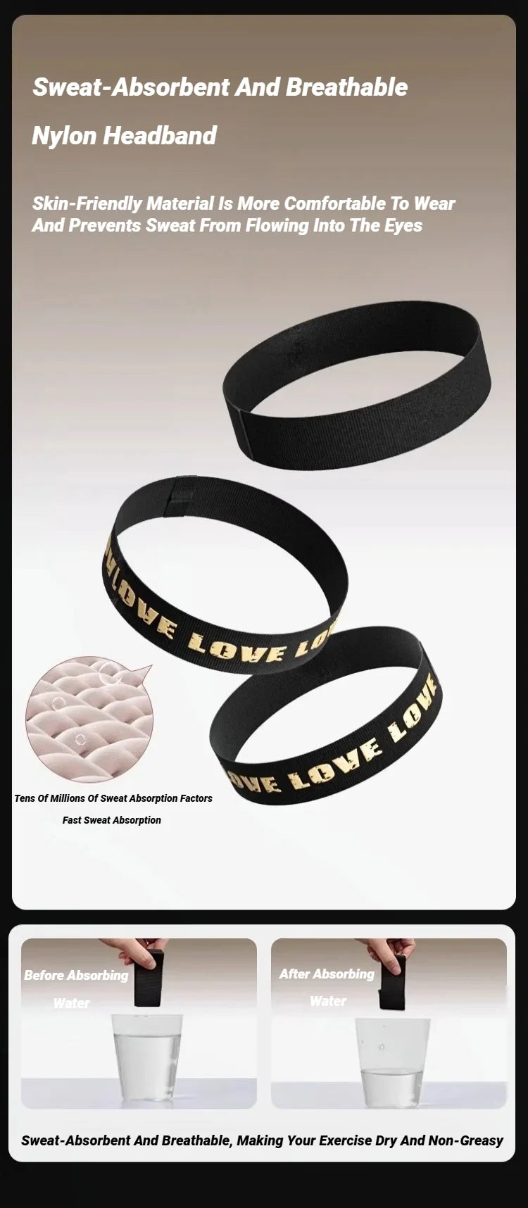 Three black nylon sports headbands with gold "LOVE" text, shown with a microscopic view of the absorbent fabric.