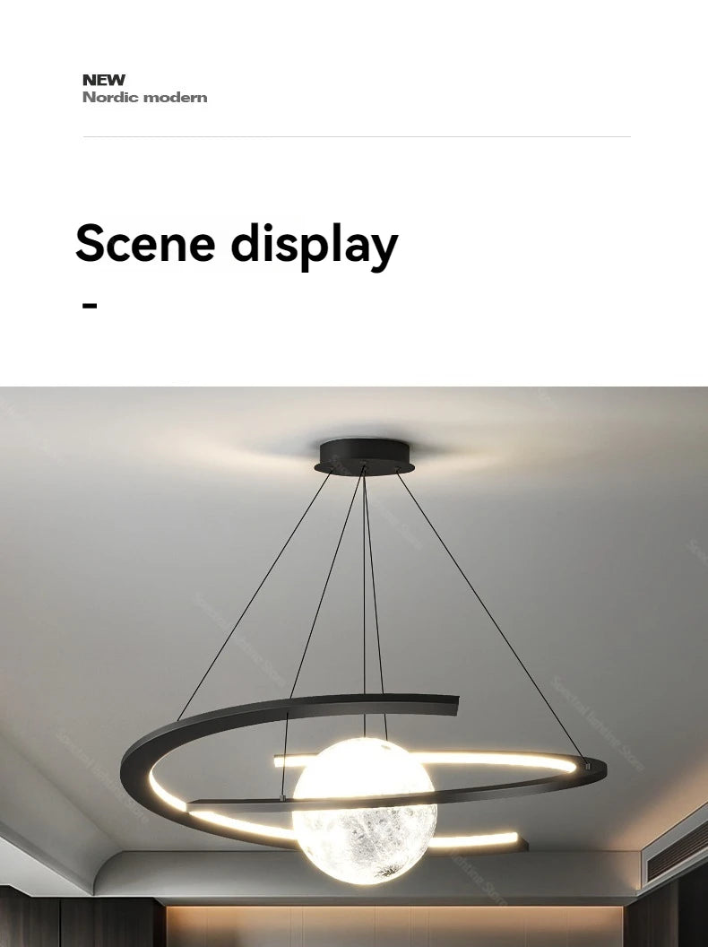 Modern black pendant light featuring a sleek circular frame with an integrated LED strip and a central globe lamp.