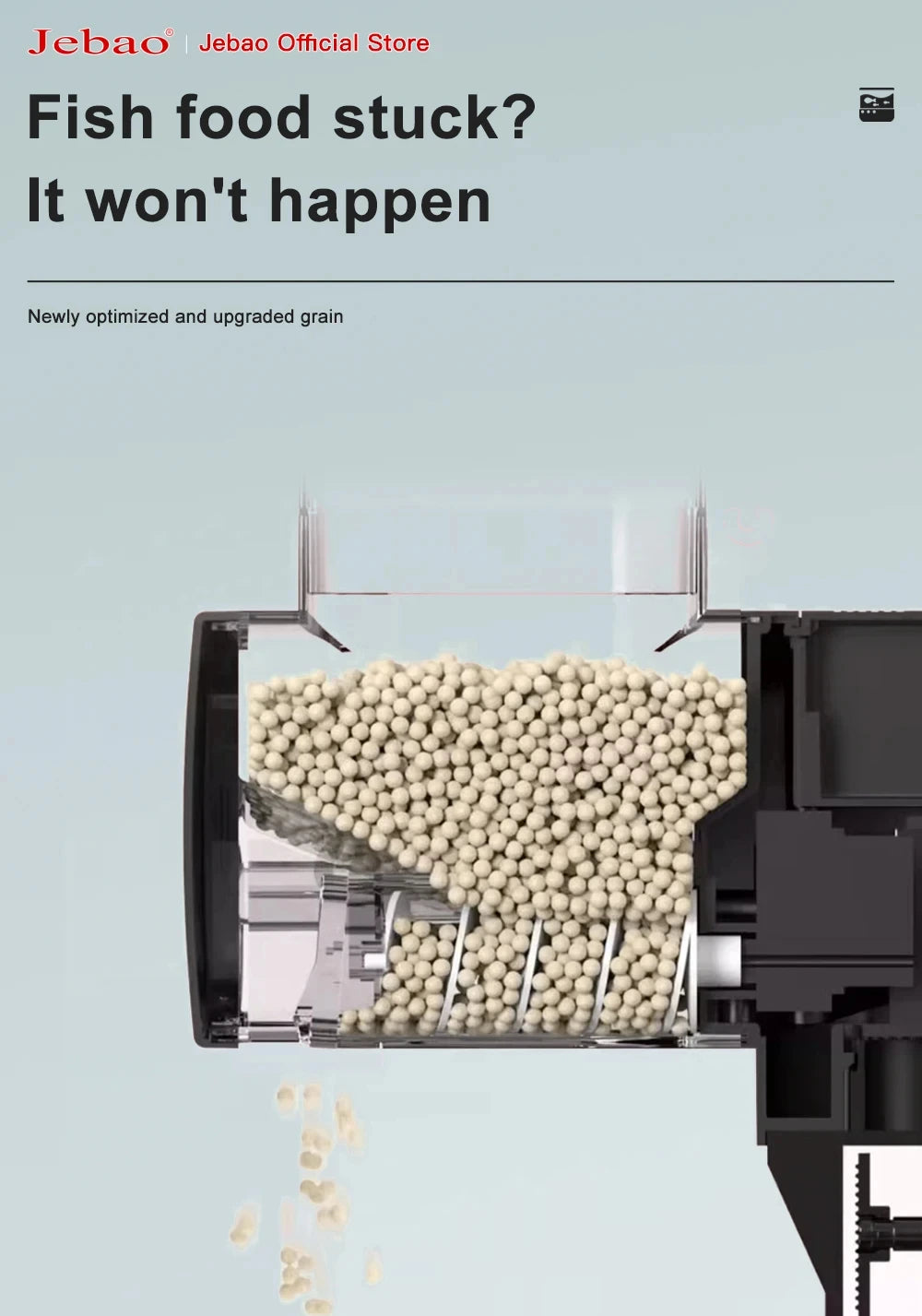 Automatic fish feeder with a clear container and black base, showing a white screw mechanism dispensing pellet food.