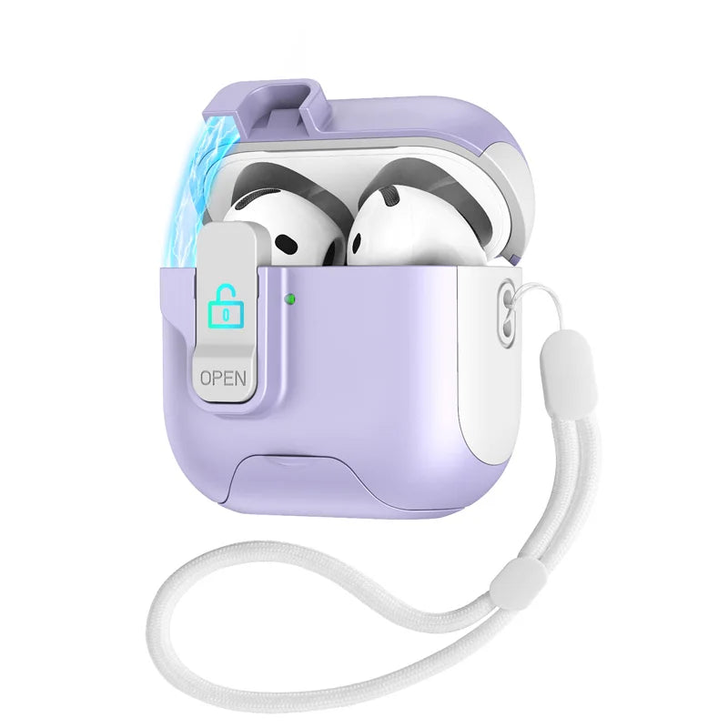 Lilac silicone locking case with wrist strap for AirPods Pro, featuring a secure latch and white inner trim.