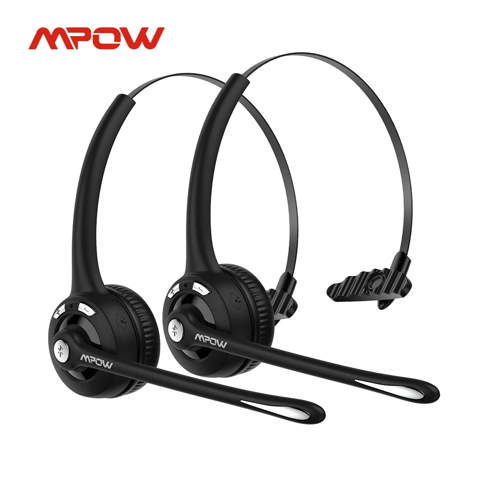 Black wireless office headset featuring a single earcup, slim headband and a long, adjustable boom microphone.