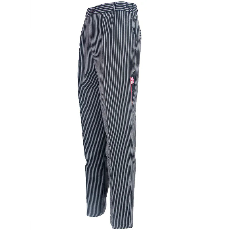 Navy and white pinstripe professional chef cargo trousers with an elasticated waistband and side pockets.