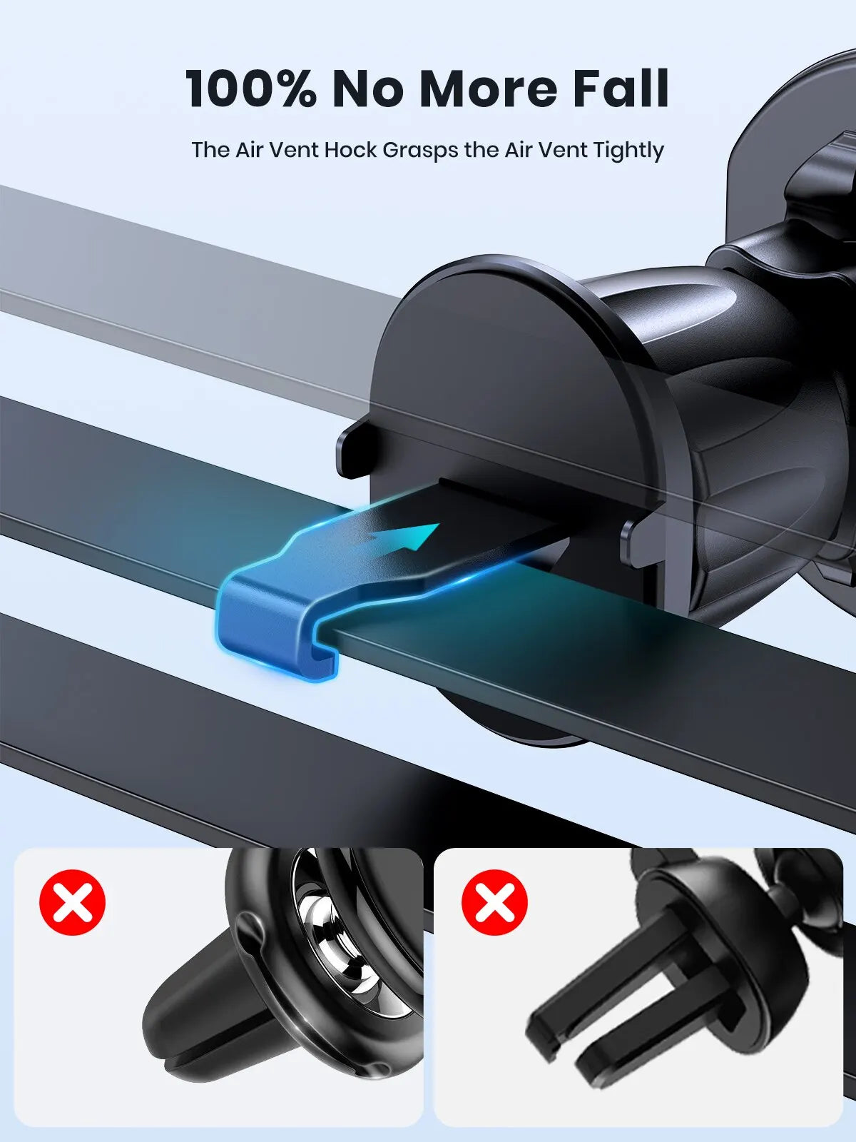 Black car phone mount with a secure hook design for air vents, shown with examples of incompatible vent styles.