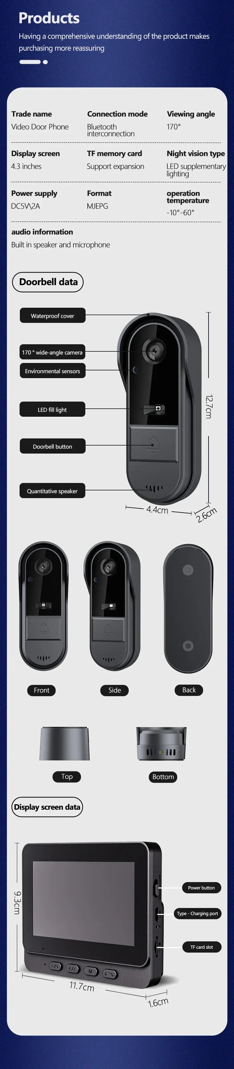 Black wireless video doorbell and 4.3-inch display screen with night vision, wide-angle camera, and waterproof cover.