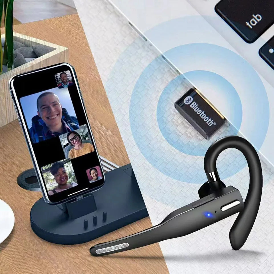 Black wireless Bluetooth headset with ear hook design and blue indicator light, shown with a USB adapter.