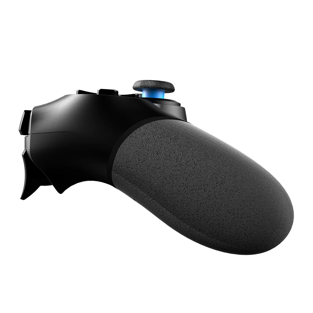 Side view of a black ergonomic gaming controller with a textured grip and a glowing blue analog stick.