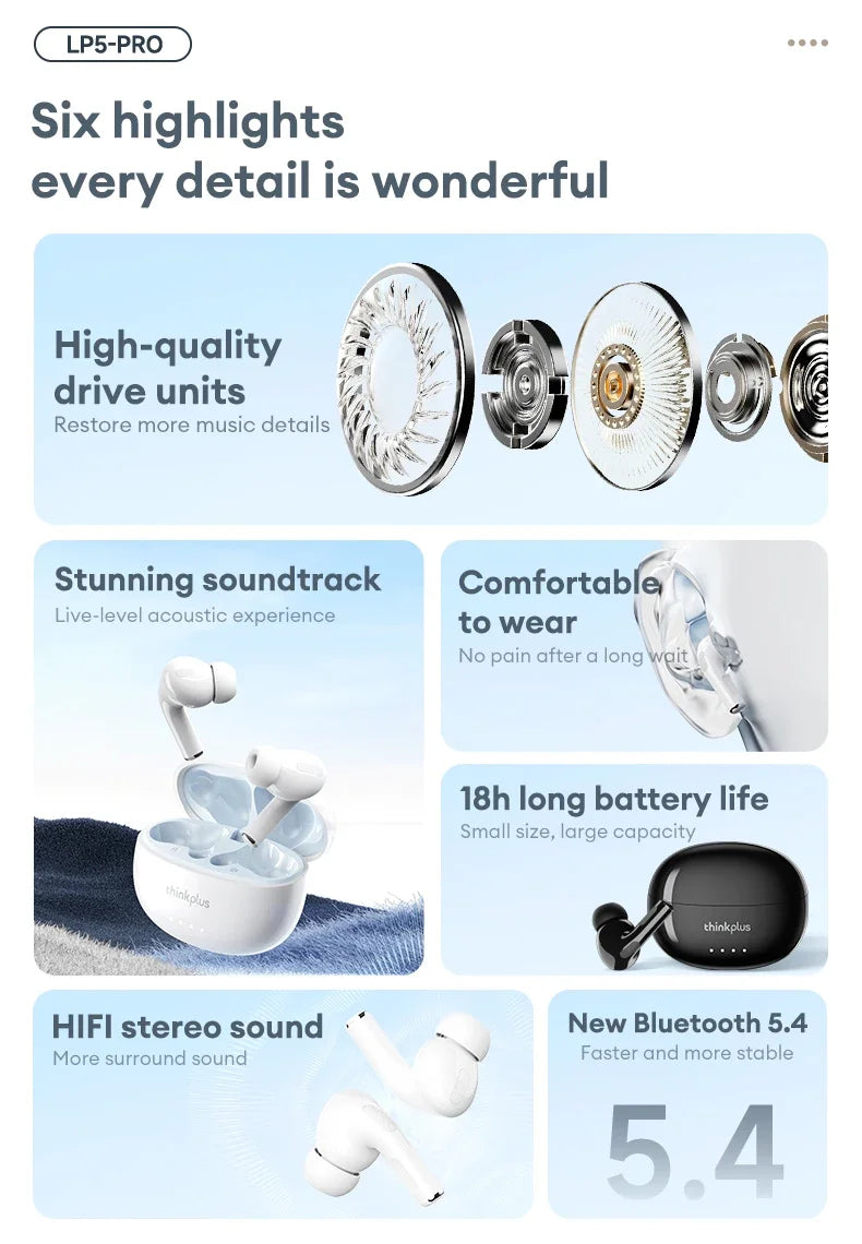 Product graphic showing white and black wireless earbuds with charging cases, highlighting internal drive components.