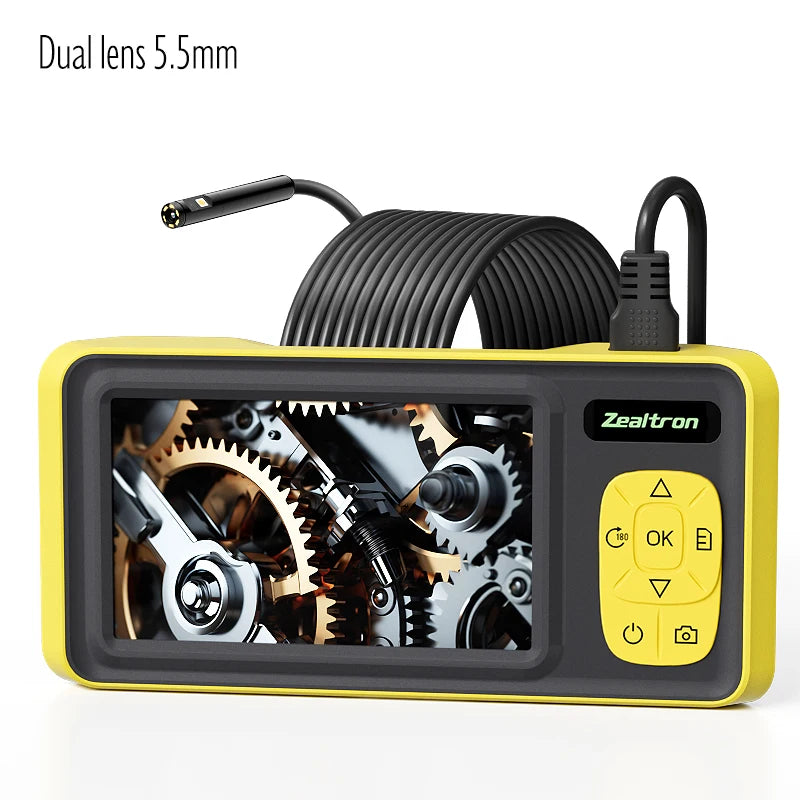 Yellow and black handheld 4.3-inch inspection camera with a 5.5mm dual-lens probe and coiled cable.