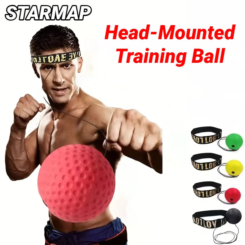 A shirtless man wearing a black "STARMAP" headband with a red reflex boxing ball tethered to it. Four colour options.