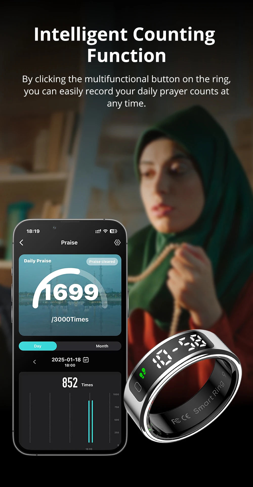 A sleek, silver smart ring with a digital display paired with a mobile app tracking daily prayer counts.