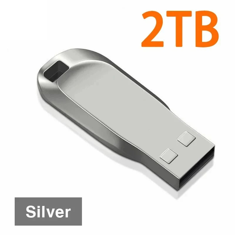 Sleek silver 2TB USB 3.0 flash drive with a durable metal casing and integrated lanyard loop.