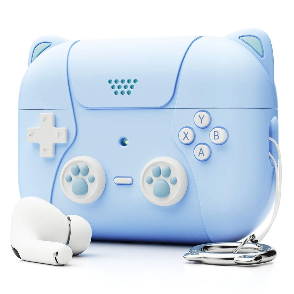 Light blue silicone AirPods Pro case shaped like a retro games controller with cat paw thumbsticks and cat ears.