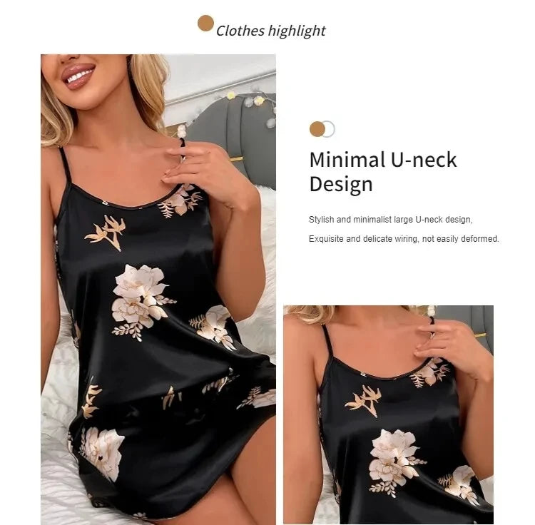 Black satin camisole nightdress with a floral pattern, featuring a minimalist U-neckline and delicate spaghetti straps.