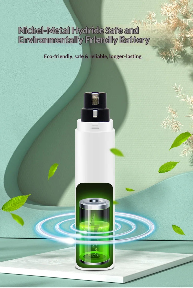 White electric pet nail grinder featuring an internal battery and LED light, set against a green nature-themed background.