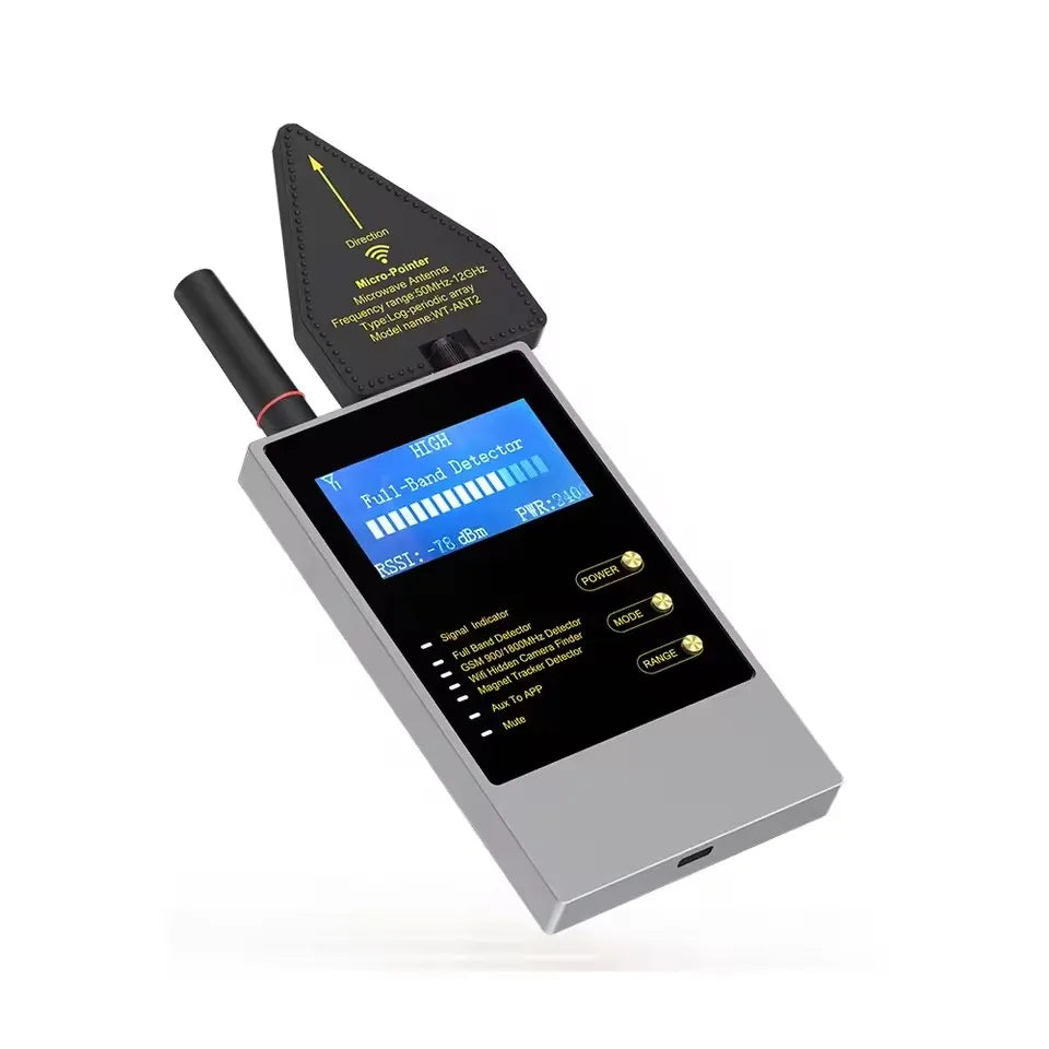 Portable silver wireless signal detector with directional antenna, LCD screen, and side-mounted control buttons.