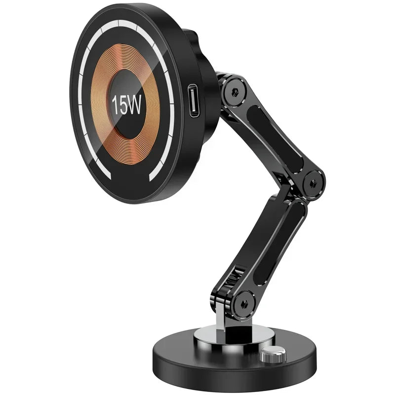 Black 15W magnetic wireless charging stand with an adjustable multi-hinged mechanical arm and circular base.