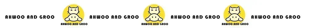 The Ahwoo and Groo logo featuring a cartoon cat and pig face in a yellow circle, repeated with brand name text.