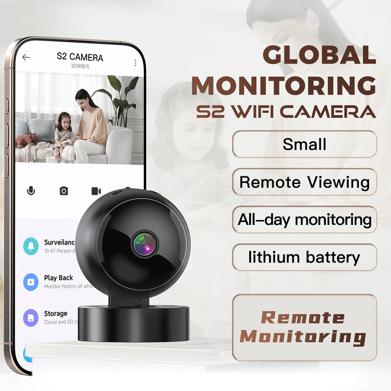 Compact black wireless security camera with 360° view, shown alongside a smartphone app for remote 4K monitoring.