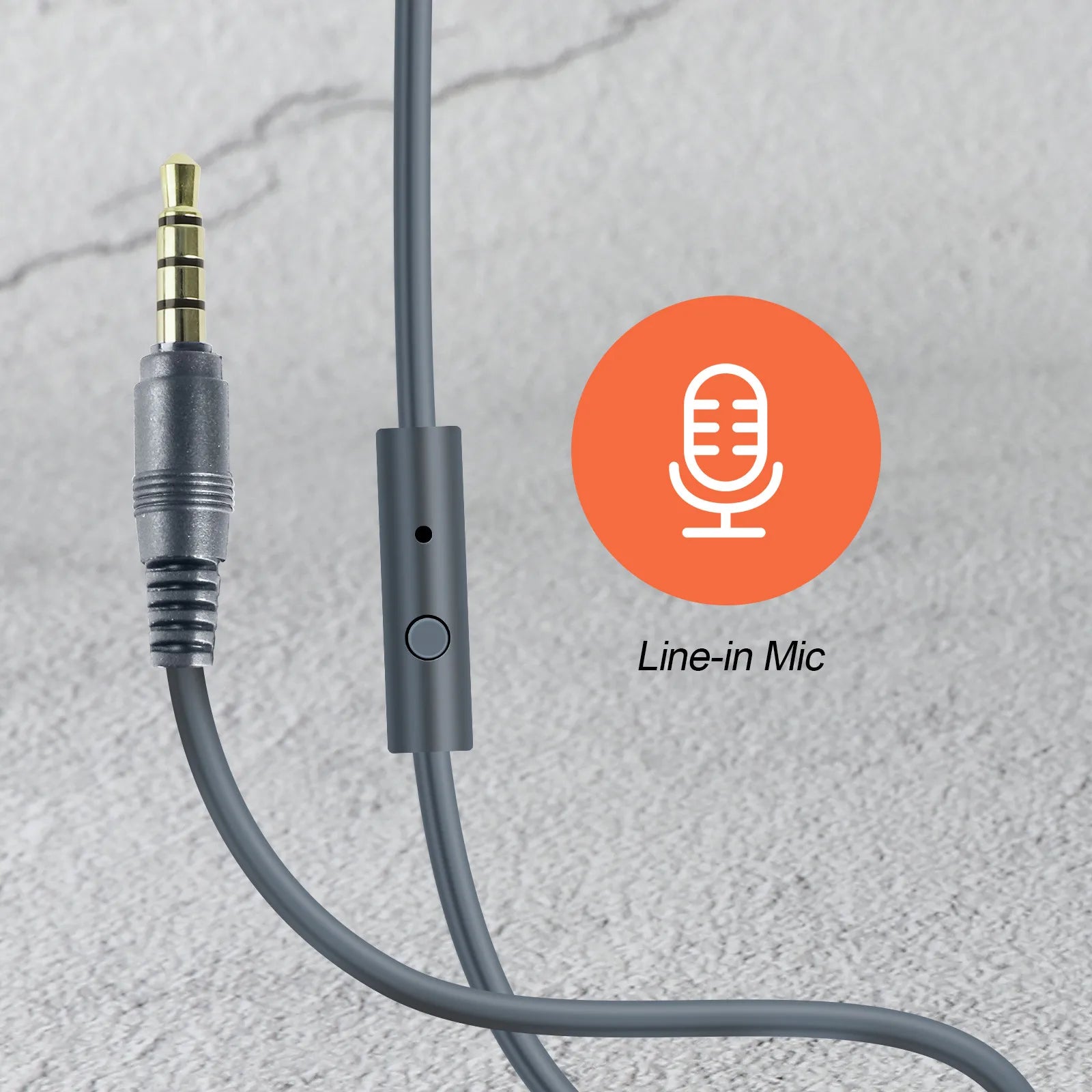 Grey wired headphones featuring a 3.5mm gold-plated jack and an in-line microphone with control button.