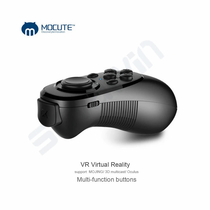 Black handheld VR remote control with a thumbstick, multiple function buttons and a side switch.
