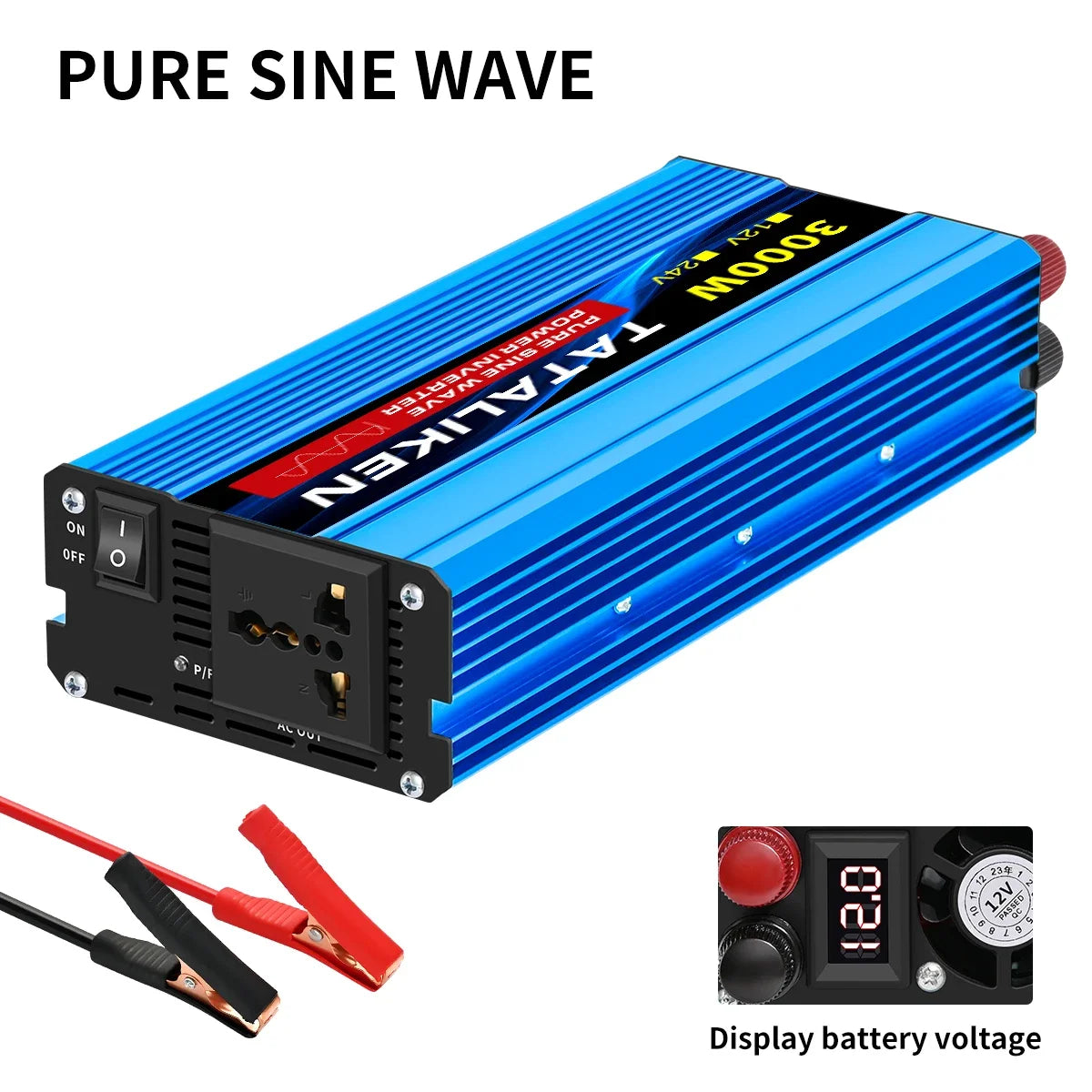 Blue 3000W pure sine wave power inverter with a UK power socket, on/off switch, voltage display and red/black cables.