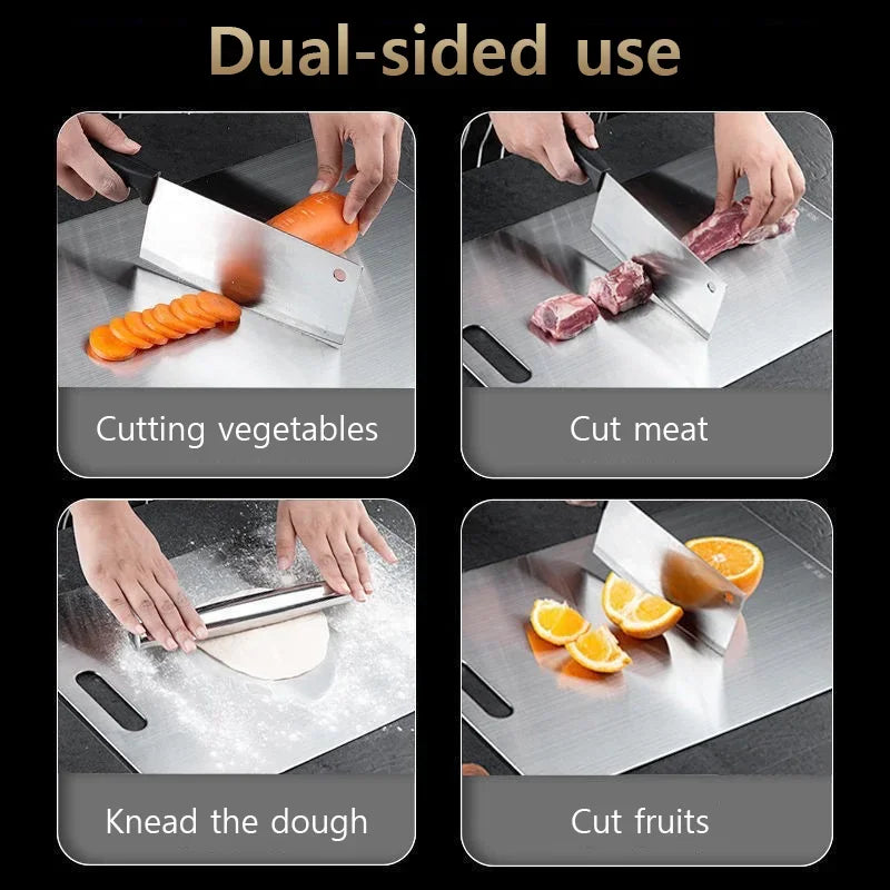 Four-panel image showing a stainless steel cutting board used for cutting vegetables, meat, dough, and fruit.