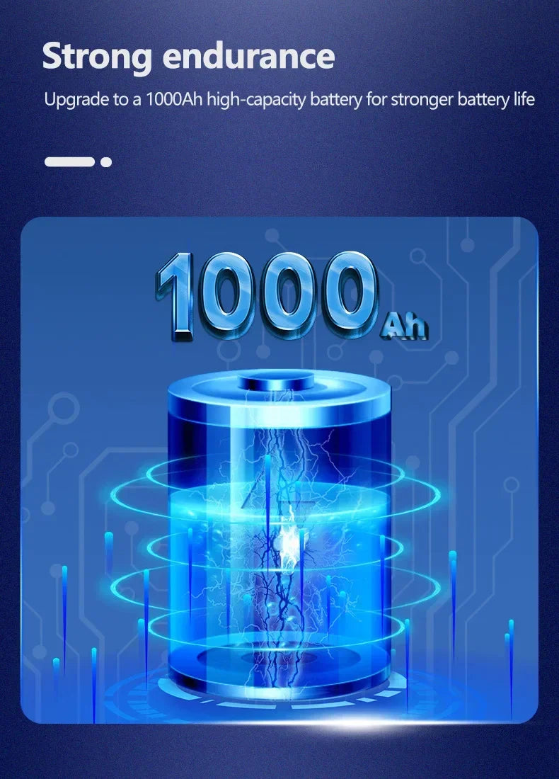 Graphic of a glowing blue battery labelled 1000Ah, highlighting long-lasting power for the wireless video doorbell.