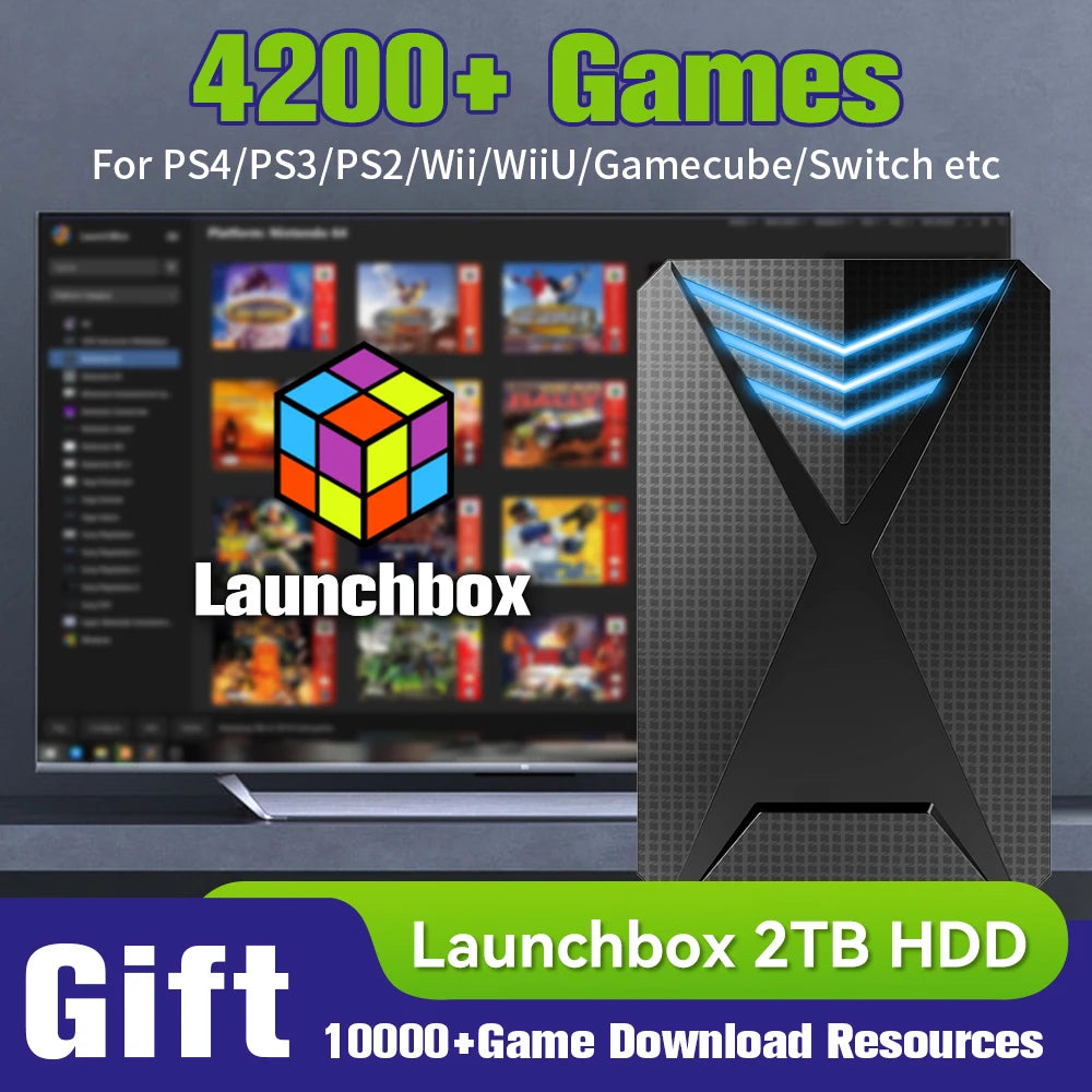 Black rectangular 2TB gaming HDD with textured surface and blue glowing chevron lights next to a TV screen.