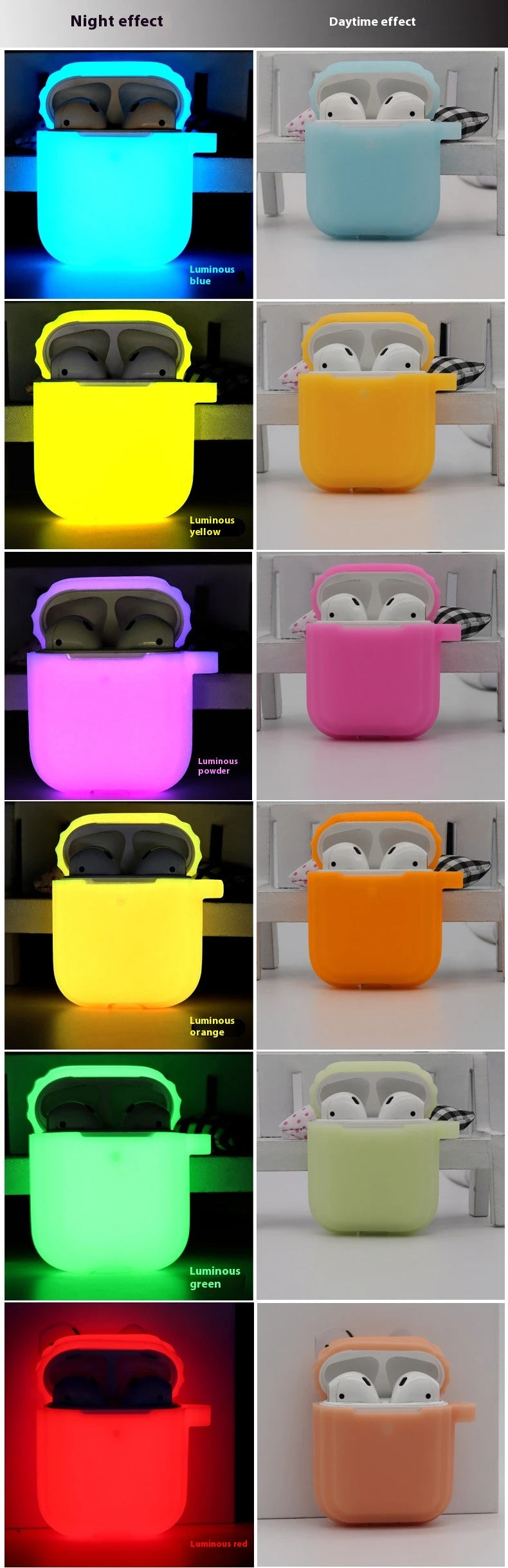 Luminous silicone cases for Apple AirPods, shown in various colours in both day and night-glow modes.