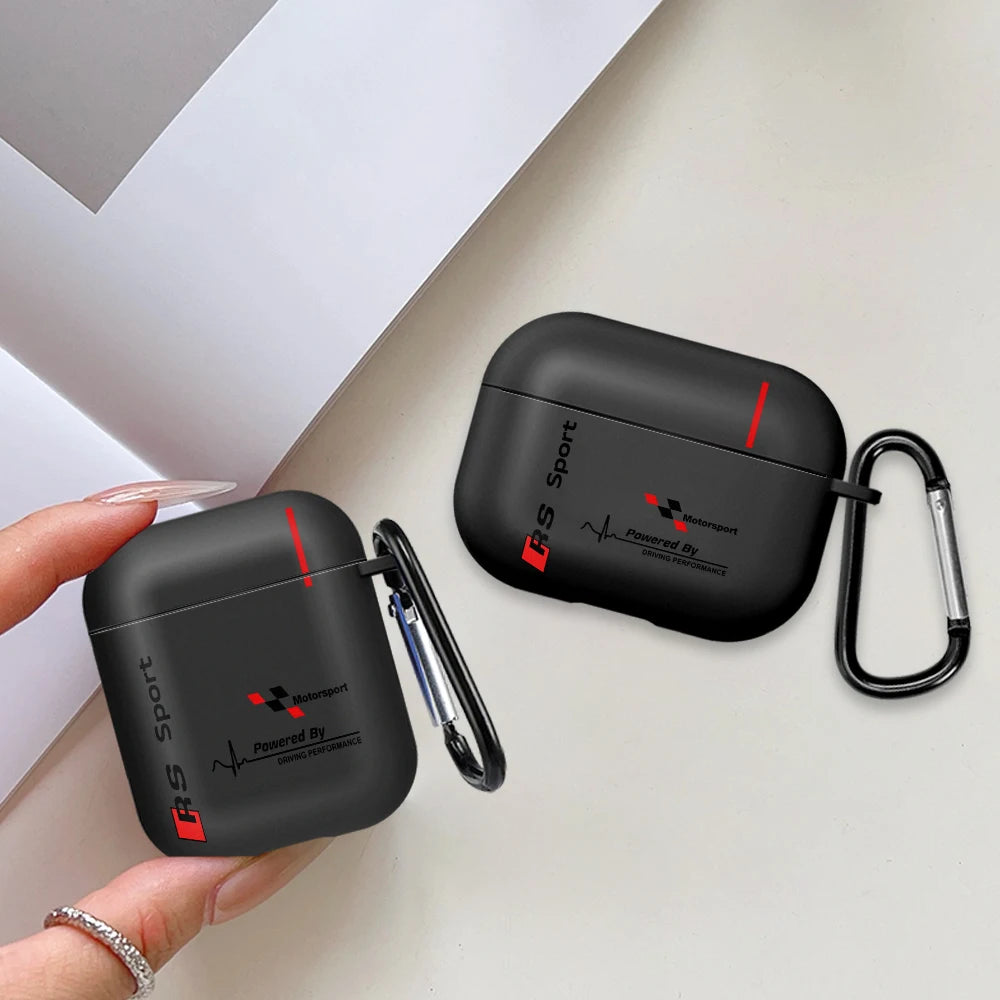 Black silicone AirPods case with RS Sport Motorsport branding and carabiner clip. Compatible with AirPods Pro and standard.