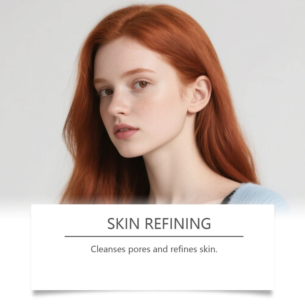Portrait of a young woman with long auburn hair. Text overlay reads: Skin Refining, cleanses pores and refines skin.