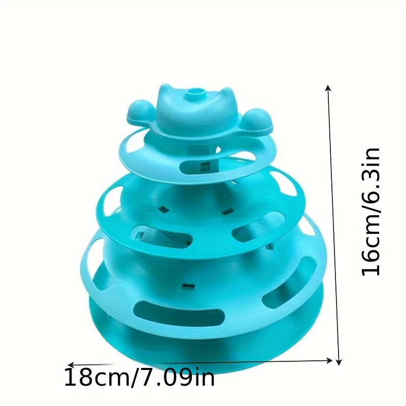 Turquoise three-tier interactive cat toy with ball tracks and a cat-shaped topper, measuring 18cm wide by 16cm high.