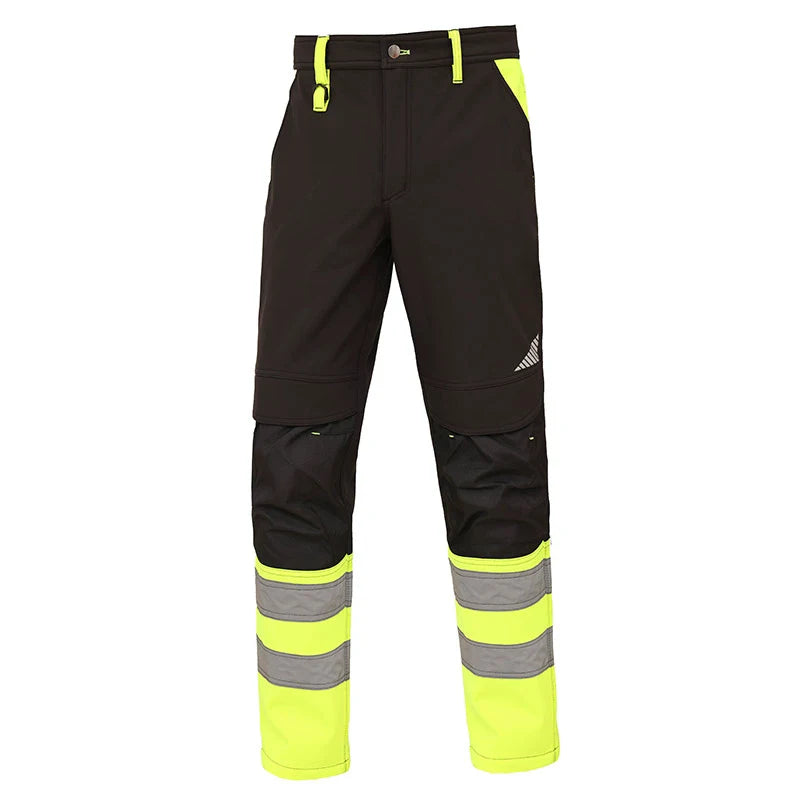 Black and yellow hi-vis waterproof work trousers with reflective bands and reinforced knee patches on a white background.