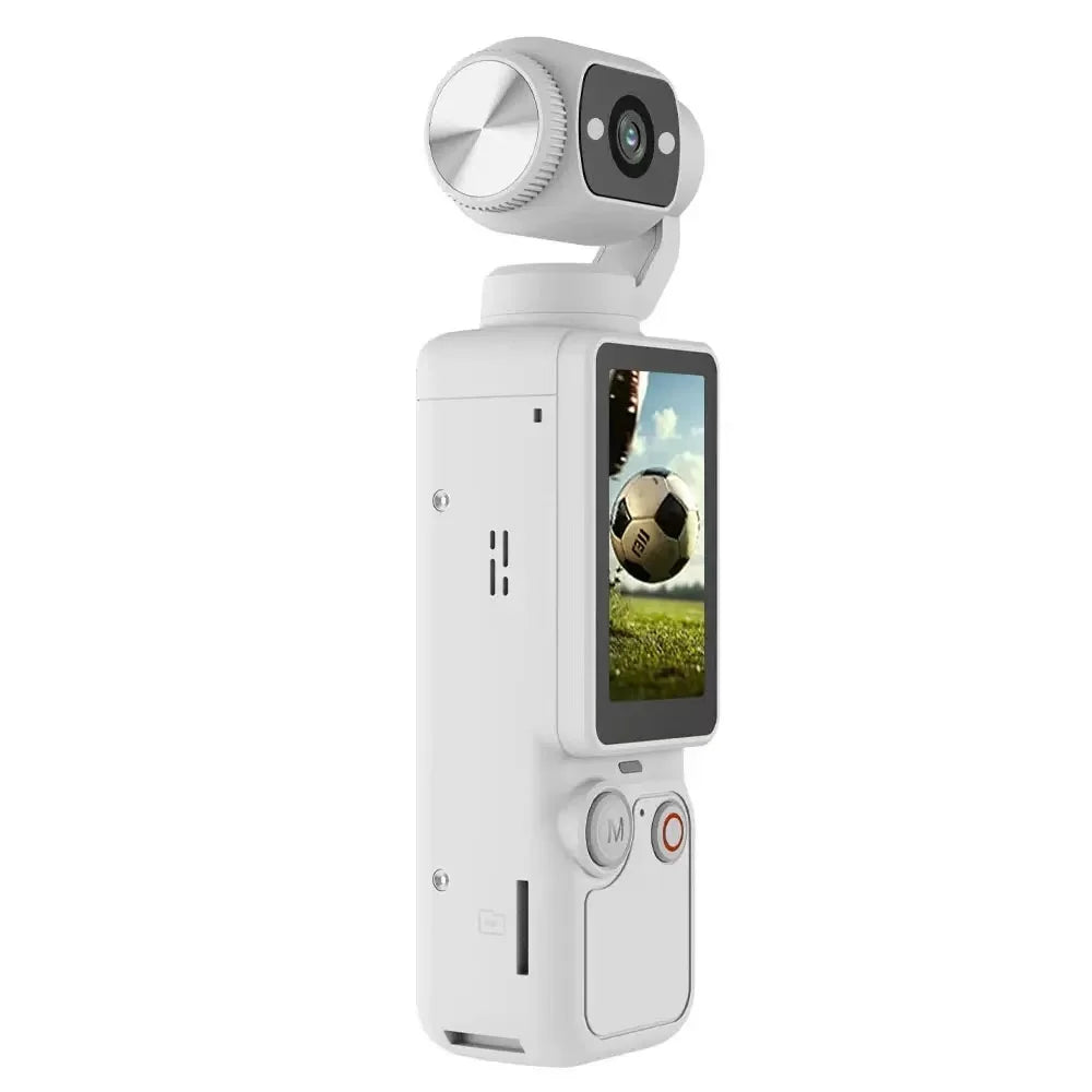 White handheld gimbal camera with a vertical touchscreen, physical control buttons, and a rotating lens head.