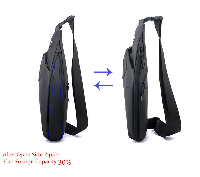 Black slim-fit crossbody sling bag with a side zip that expands storage capacity by 30%.