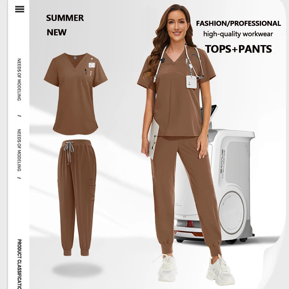 Unisex brown medical scrub set with V-neck top, utility pockets, and comfortable cuffed jogger trousers.
