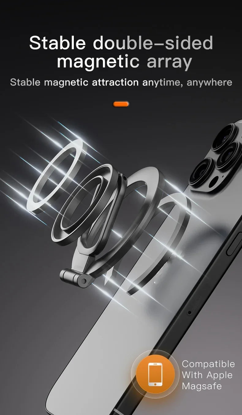 Dark grey, circular, foldable magnetic phone stand being attached to the back of a smartphone.