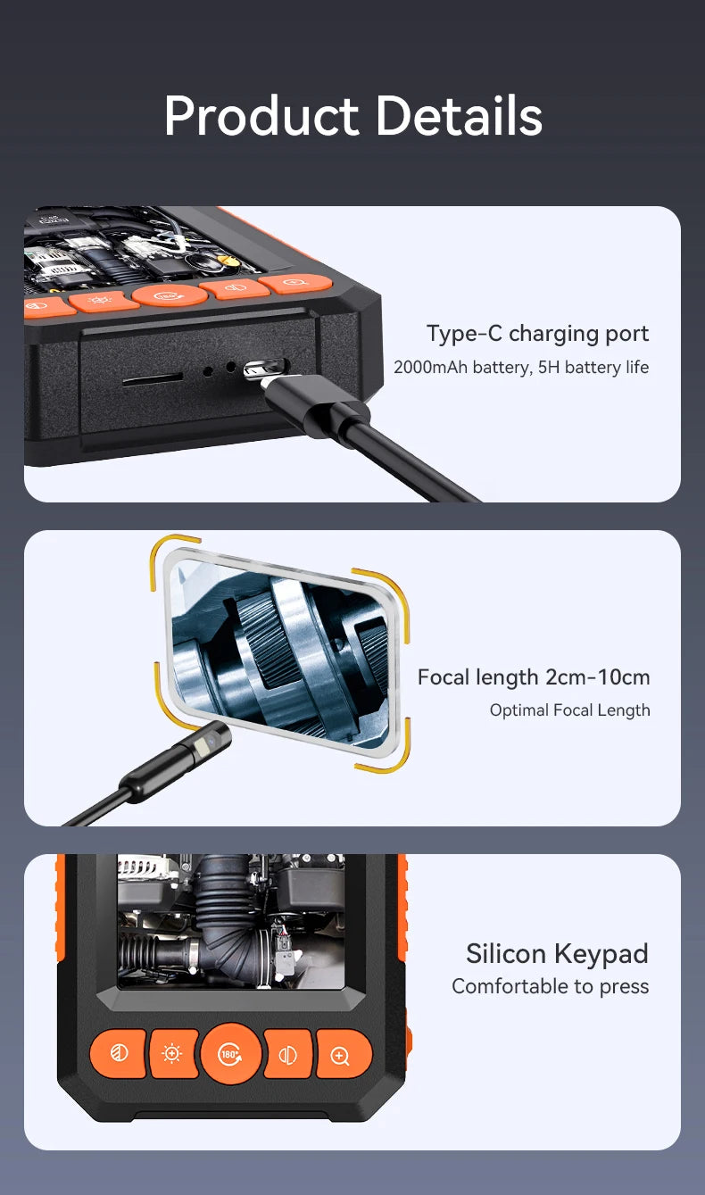 Black and orange industrial inspection camera showing Type-C charging, 2-10cm focal range, and silicone keypad.