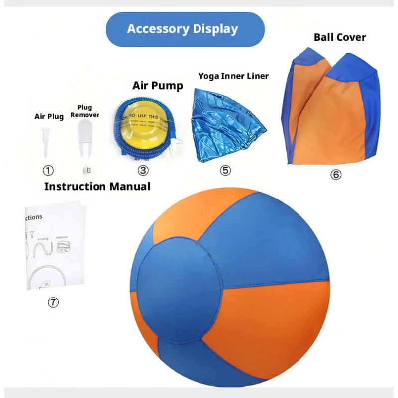 Orange and blue fabric dog training ball set, including inner liner, air pump, plug, remover and instruction manual.