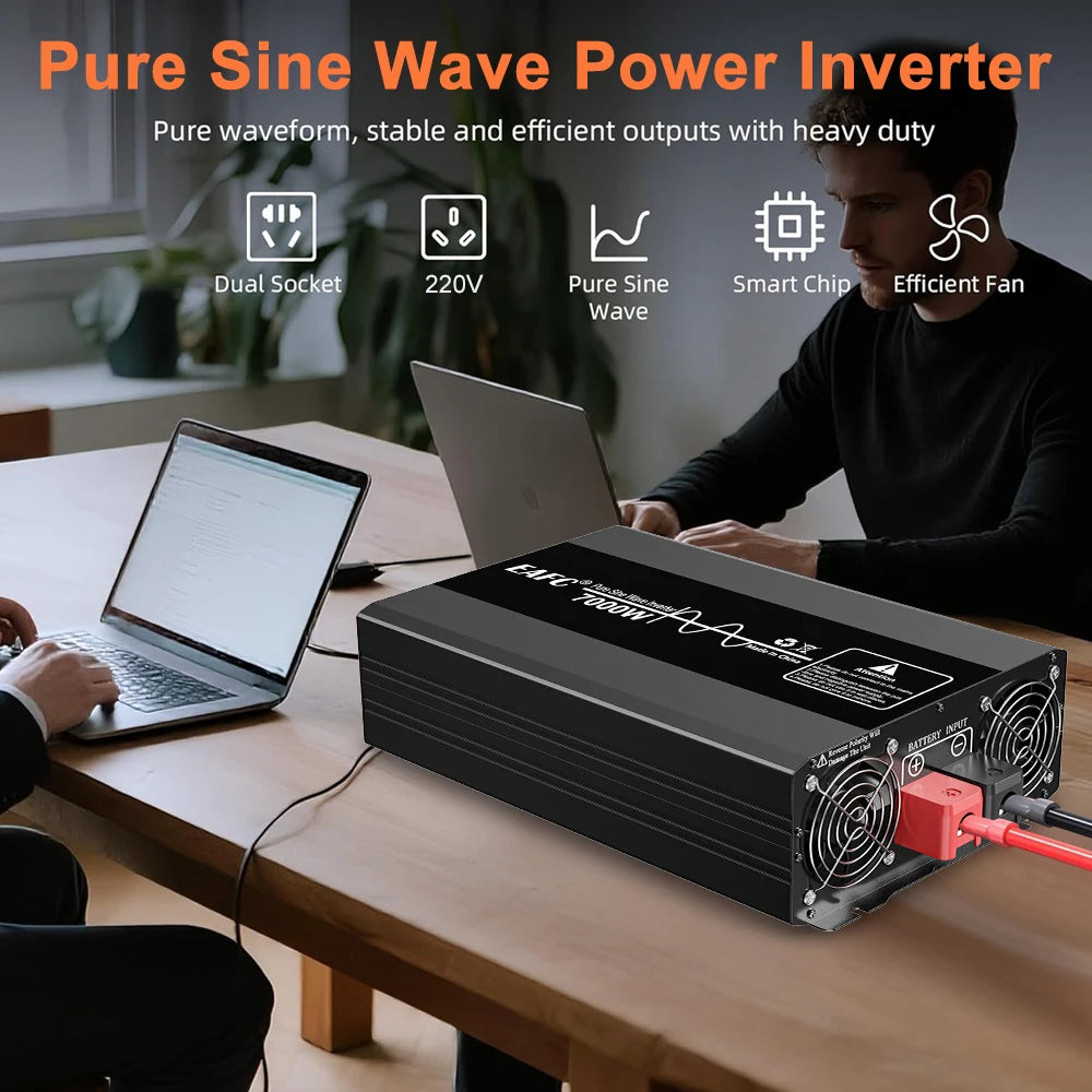 Black 12V to 220V pure sine wave power inverter with dual sockets, cooling fans, and smart chip technology.