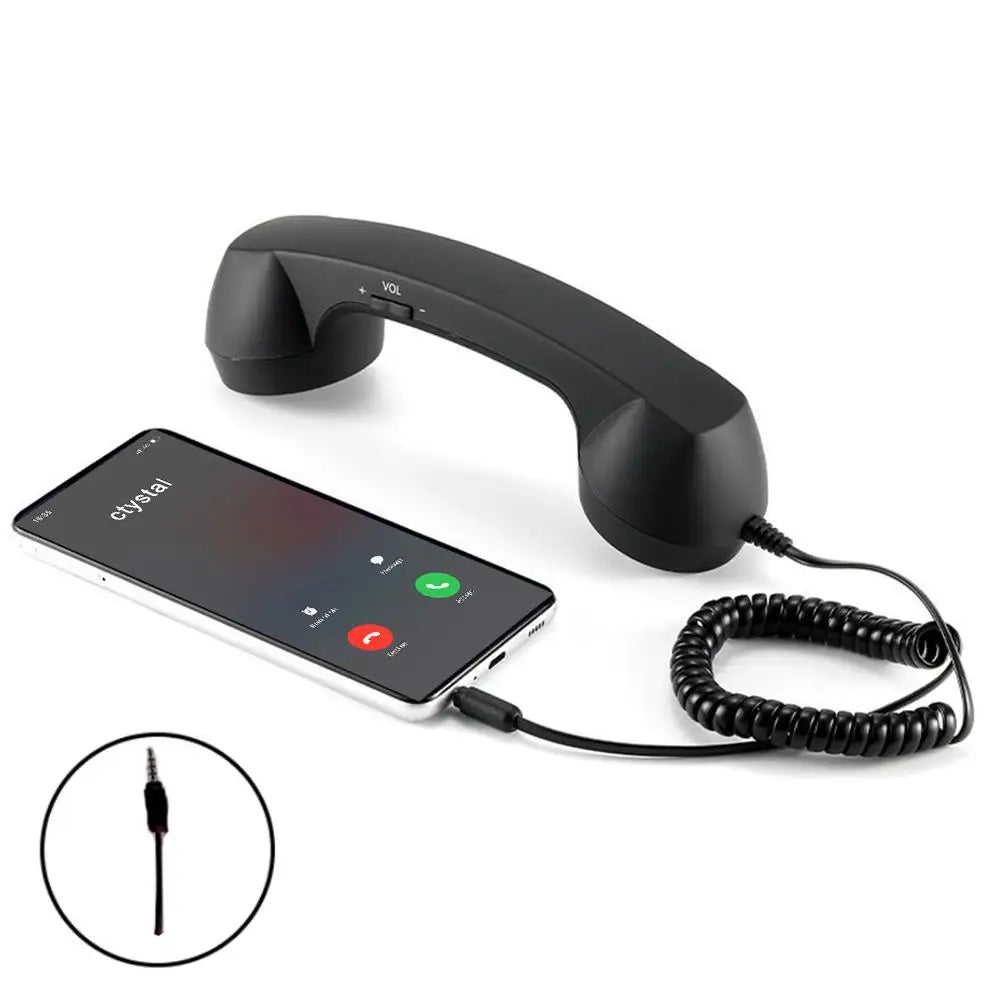Black retro-style telephone handset with volume control, connected to a smartphone via a coiled cable and 3.5mm jack.