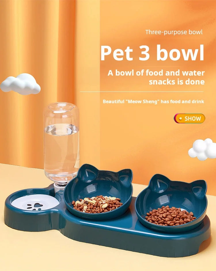 Dark teal 3-in-1 pet feeding station with two cat-eared food bowls and an integrated gravity water dispenser.