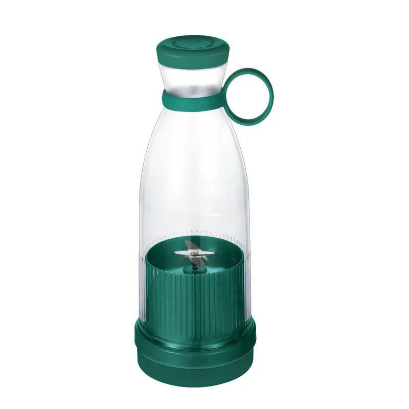 Portable dark green smoothie blender with a transparent bottle, stainless steel blades, and a ring carry handle.