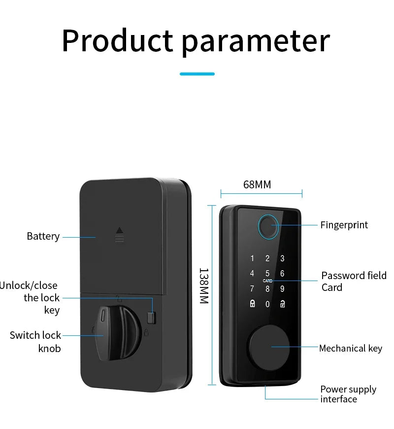 Black smart door lock with fingerprint scanner, number keypad, card reader, manual knob, and dimensions.