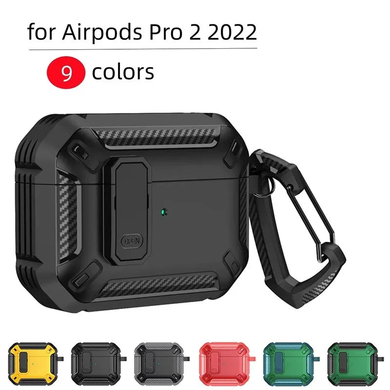 Black rugged protective case for AirPods Pro 2 (2022) with carbon fibre detail and carabiner clip.
